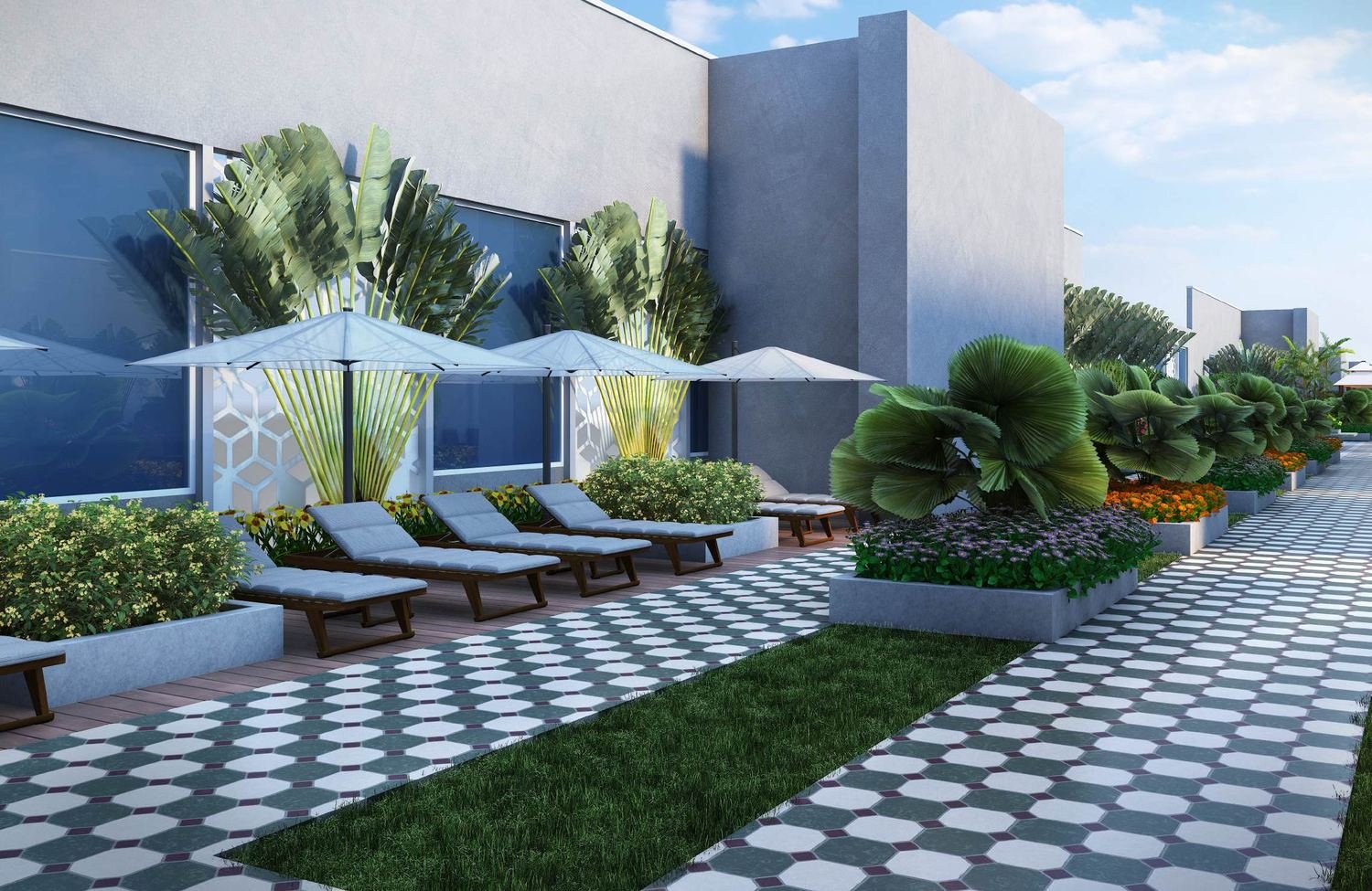 Artist's impression of the moon walk pathway with loungers