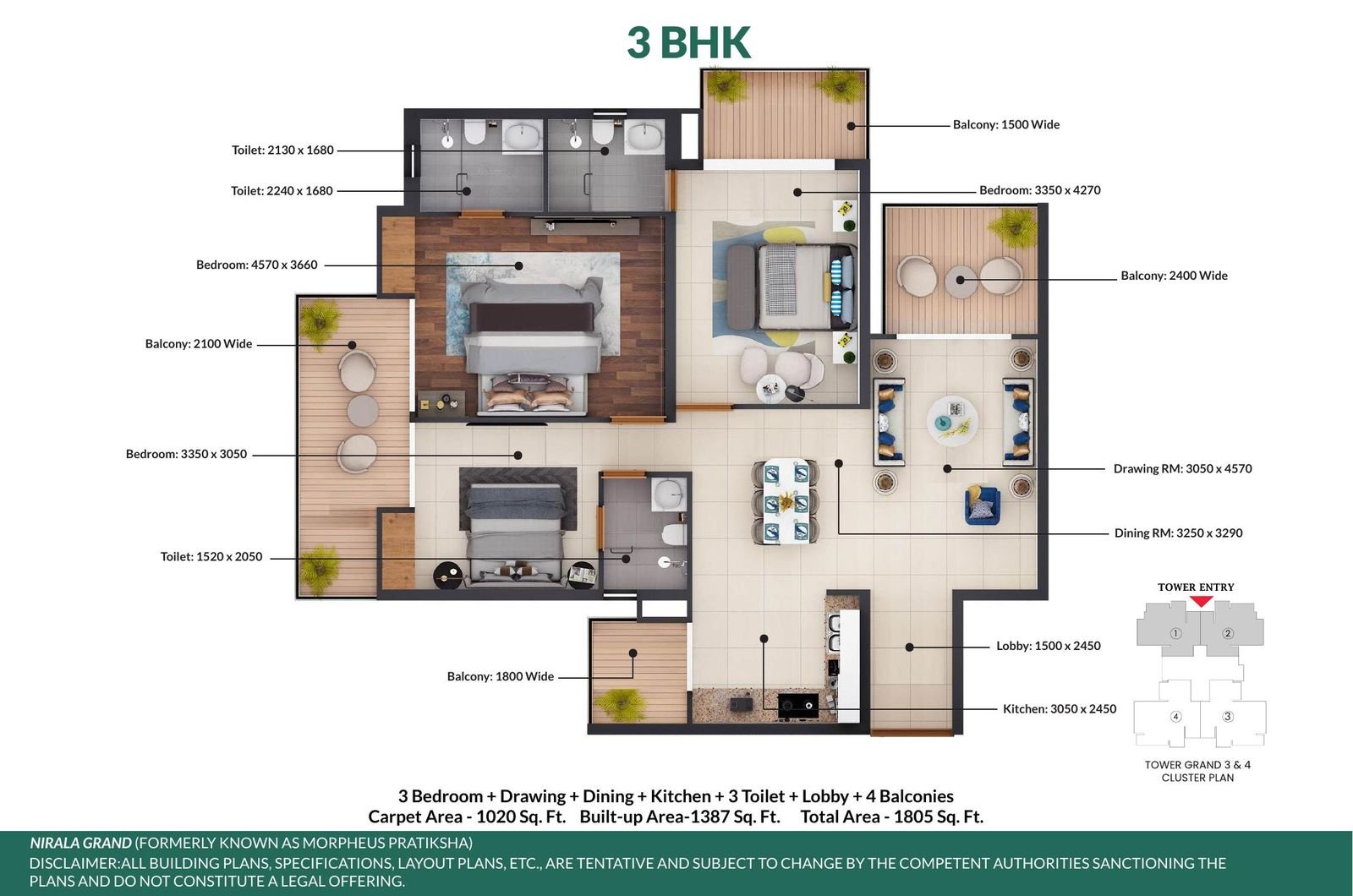 Floor plan: 3 BHK, 1,805 sq ft total area
