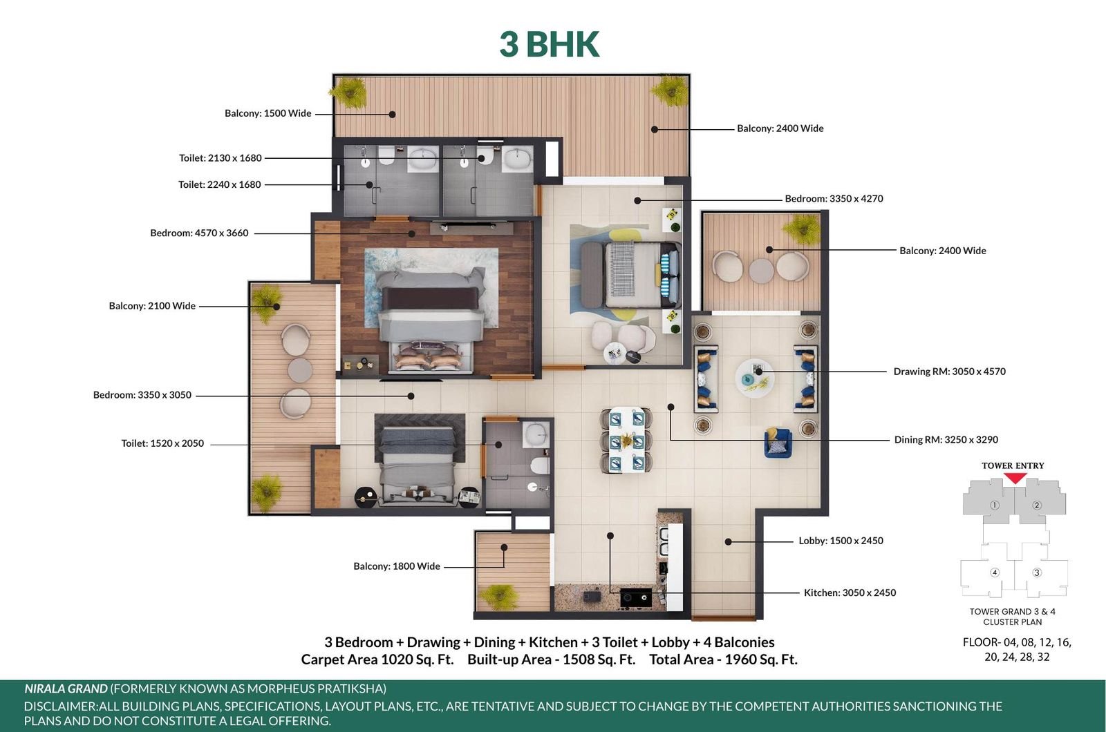 Floor plan: 3 BHK, 1,960 sq ft total area
