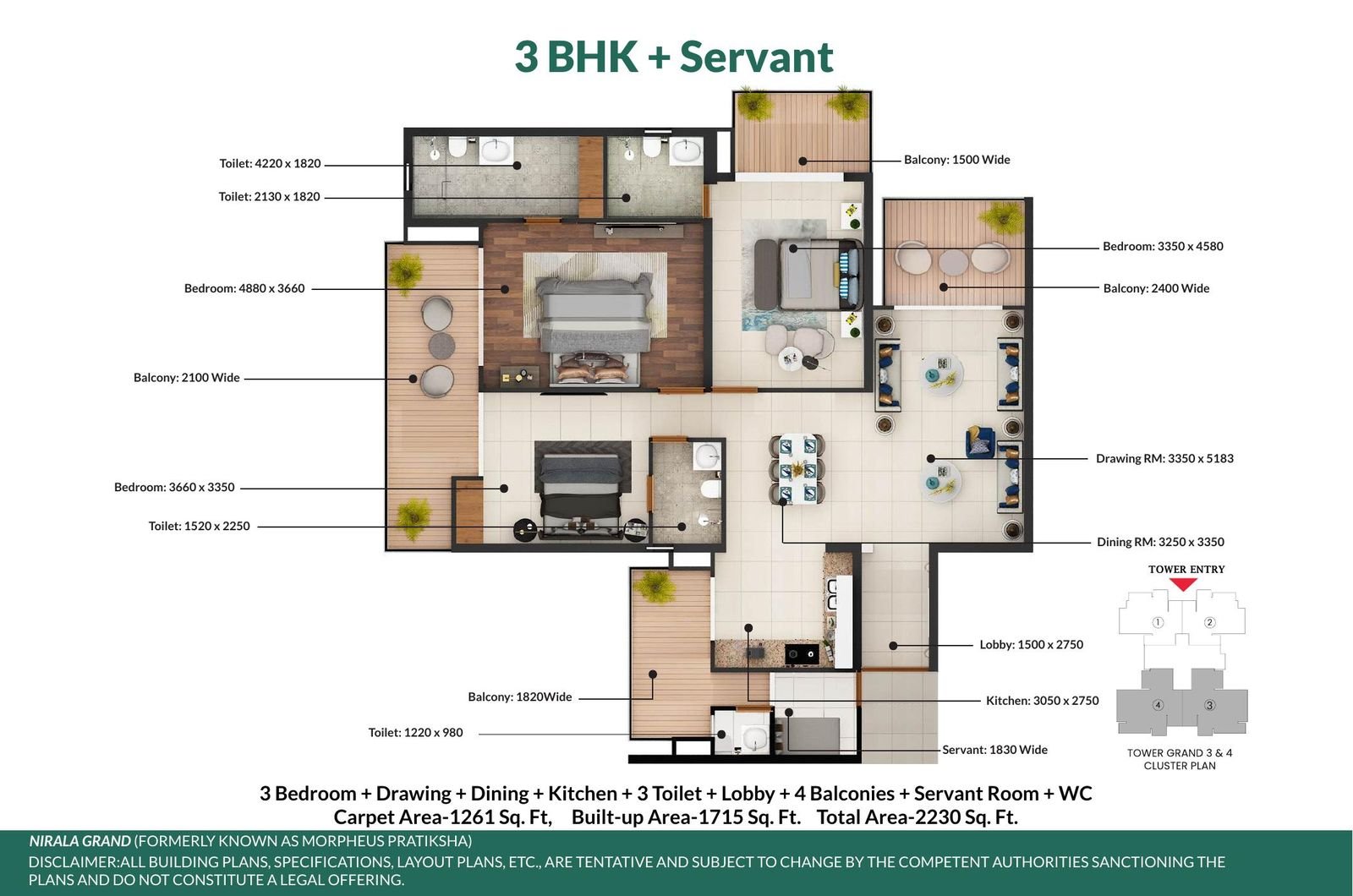 Floor plan: 3 BHK + Servant room, 2,230 sq ft total area