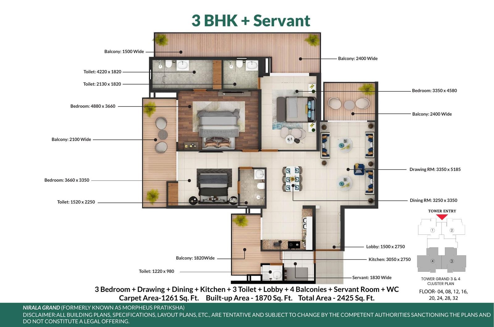 Floor plan: 3 BHK + Servant room, 2,425 sq ft total area