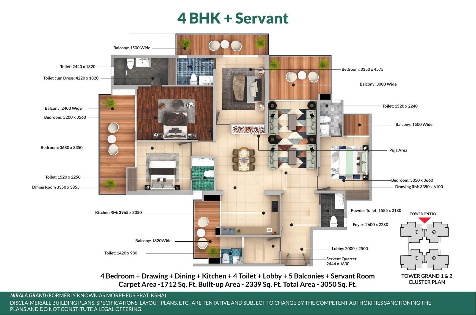 Floor plan: 4 BHK + Servant room, 3,050 sq ft total area