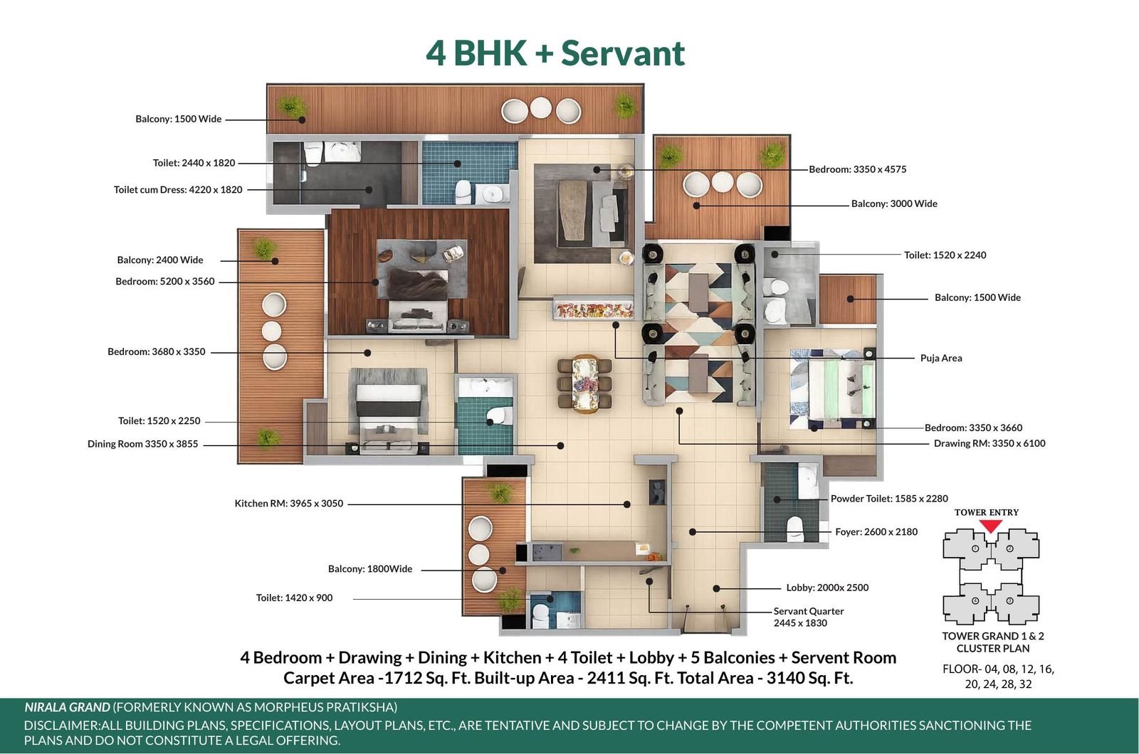 Floor plan: 4 BHK + Servant room, 3,140 sq ft total area