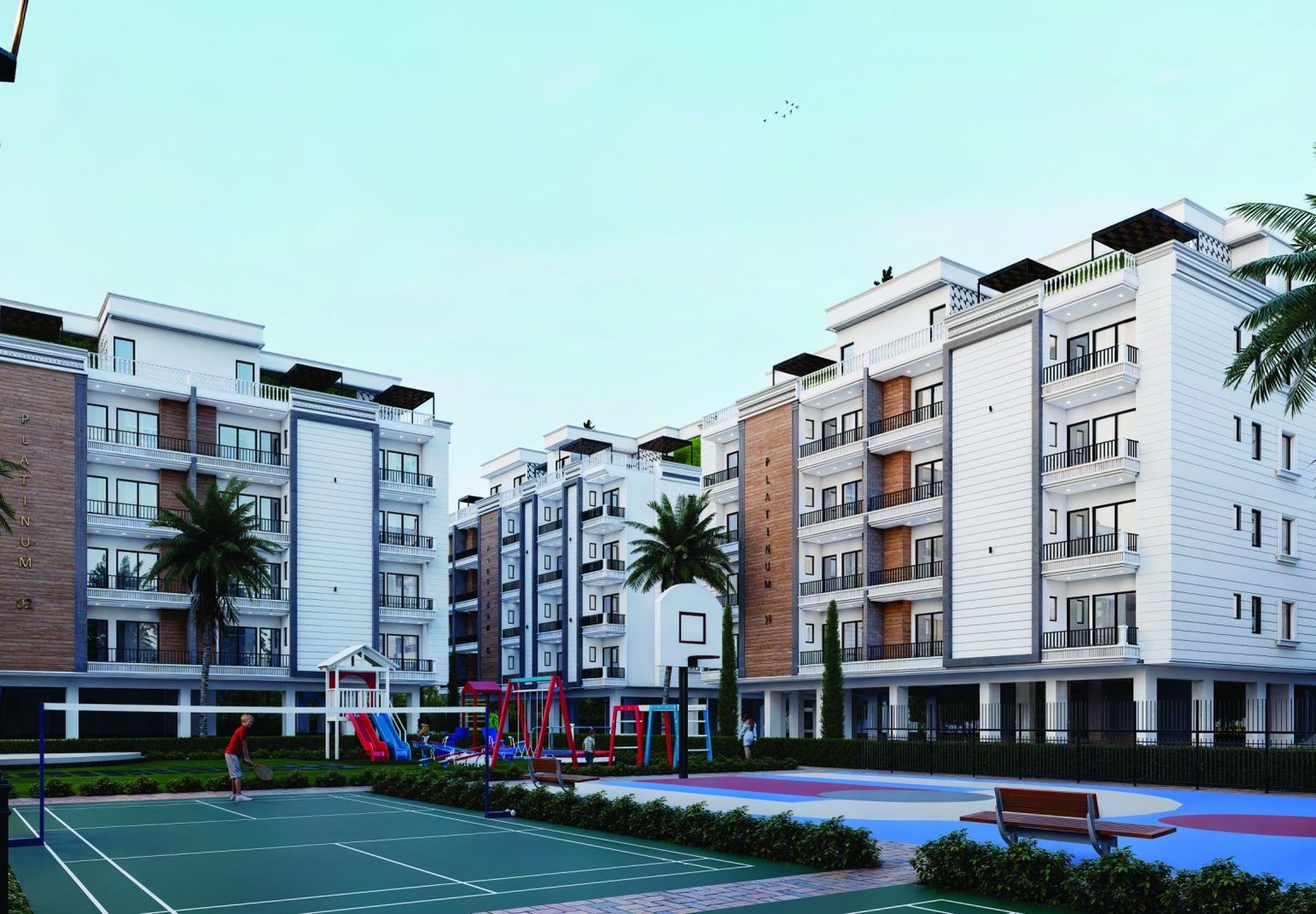 Artist's impression of a tennis-style court and play area
