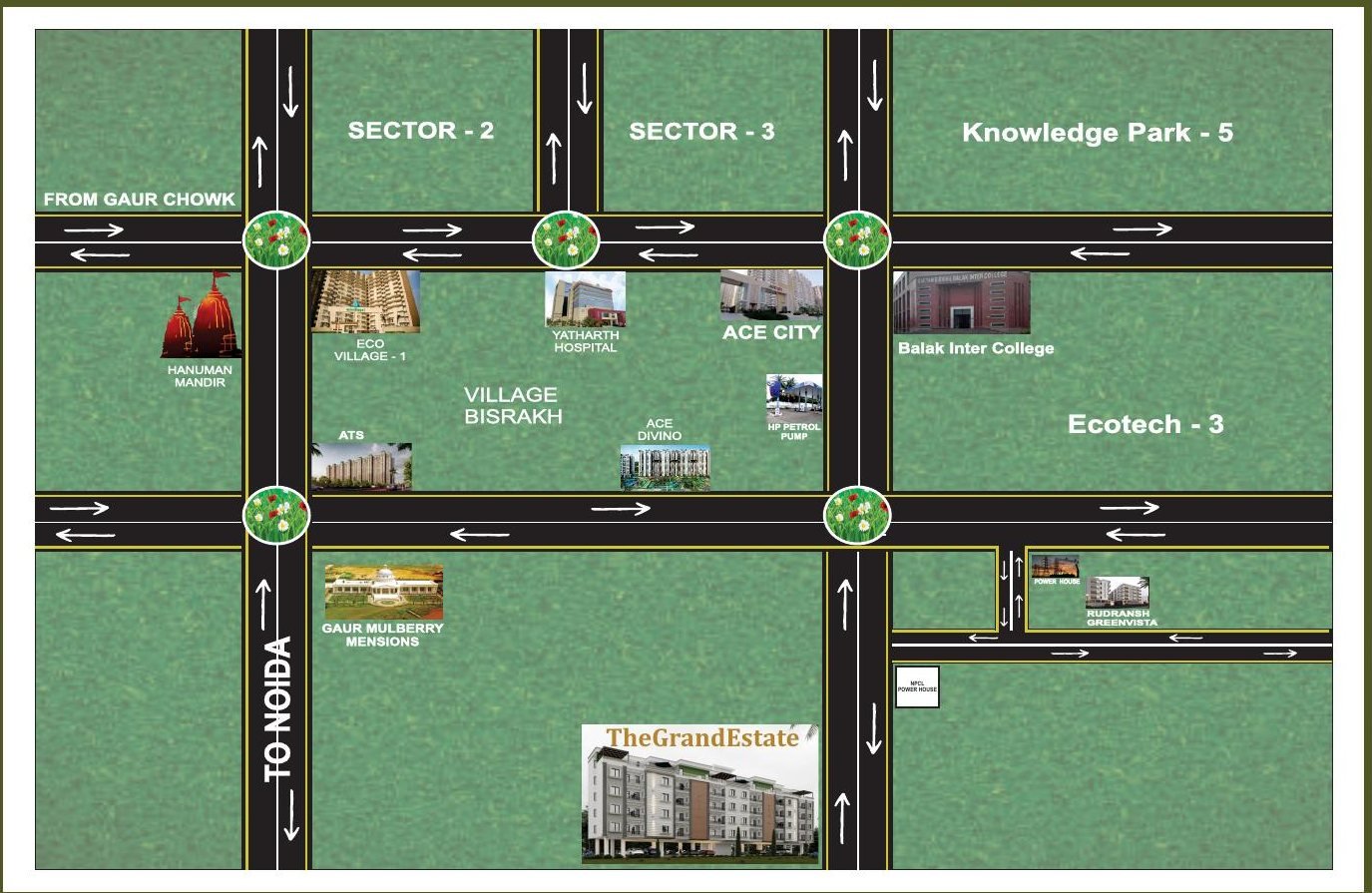 Schematic location map of The Grand Estate near ACE City and Yatharth Hospital